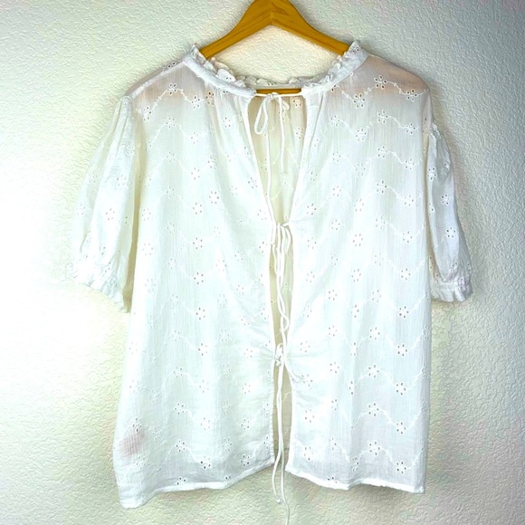 Free People White Eyelet Puff Sleeve Blouse Top - Picture 11 of 13